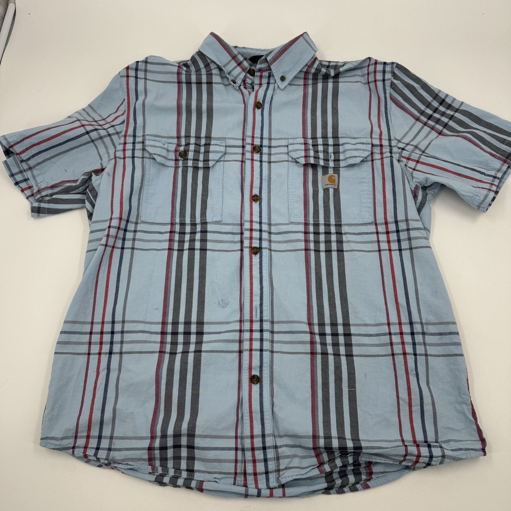 Carhartt Size Large Loose Fit Blue Plaid Midweight Short Sleeve Shirt 105175